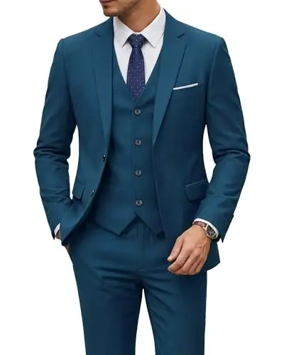 YND Men's 3 Piece Suit Set with Tie, 2 Button Slim Fit Solid Blazer Jacket Vest Pants, Business Wedding Party Suits for Men - 1