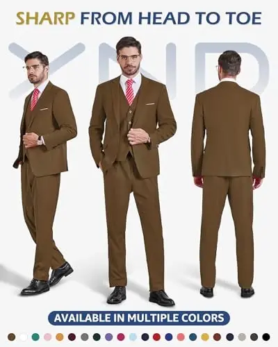 YND Men's 3 Piece Suit Set with Tie, 2 Button Slim Fit Solid Blazer Jacket Vest Pants, Business Wedding Party Suits for Men - 2