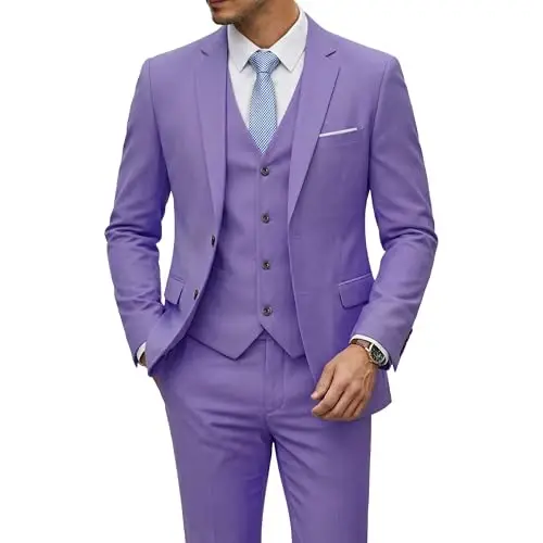 YND Men's 3 Piece Suit Set with Tie, 2 Button Slim Fit Solid Blazer Jacket Vest Pants, Business Wedding Party Suits for Men - YND