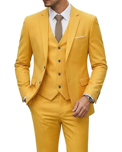 YND Men's 3 Piece Suit Set with Tie, 2 Button Slim Fit Solid Blazer Jacket Vest Pants, Business Wedding Party Suits for Men 