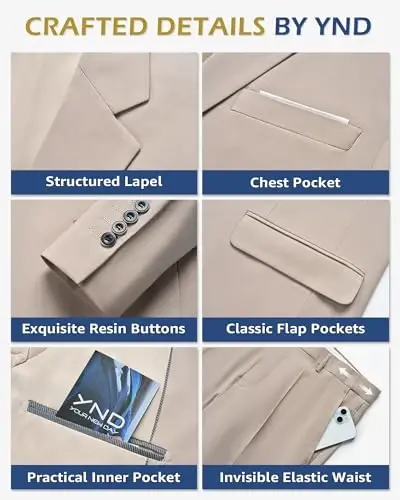 YND Men's 3 Piece Suit Set with Tie, 2 Button Slim Fit Solid Blazer Jacket Vest Pants, Business Wedding Party Suits for Men - 3