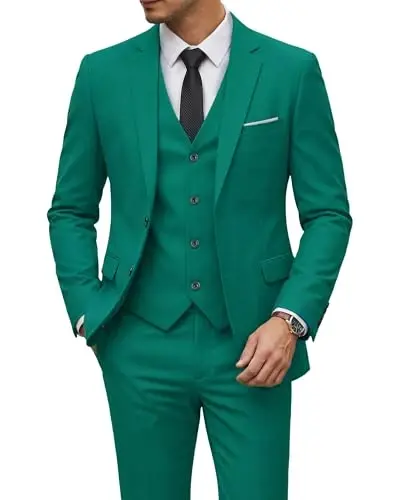 YND Men's 3 Piece Suit Set with Tie, 2 Button Slim Fit Solid Blazer Jacket Vest Pants, Business Wedding Party Suits for Men - YND