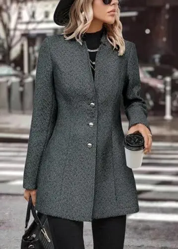 yoeasy Women's Stand Collar Single Breasted Pea Coat Casual Wool Blend Mid Long Trench Coat Winter Jackets - YOEASY (1)