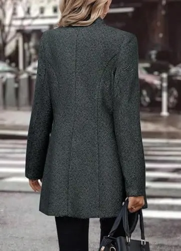 yoeasy Women's Stand Collar Single Breasted Pea Coat Casual Wool Blend Mid Long Trench Coat Winter Jackets - 3