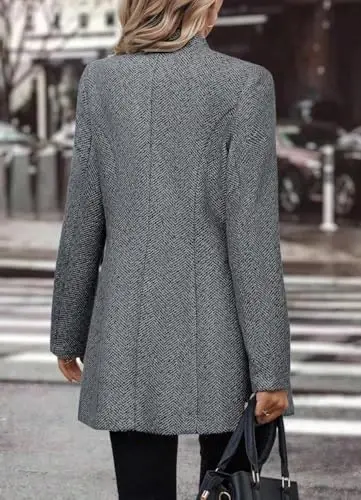 yoeasy Women's Stand Collar Single Breasted Pea Coat Casual Wool Blend Mid Long Trench Coat Winter Jackets - 4