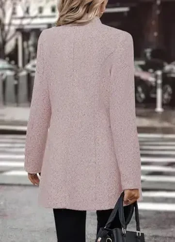 yoeasy Women's Stand Collar Single Breasted Pea Coat Casual Wool Blend Mid Long Trench Coat Winter Jackets - 3