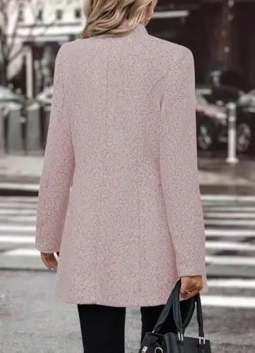 yoeasy Women's Stand Collar Single Breasted Pea Coat Casual Wool Blend Mid Long Trench Coat Winter Jackets - 3