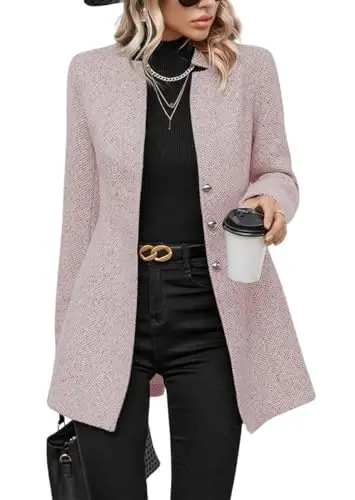 yoeasy Women's Stand Collar Single Breasted Pea Coat Casual Wool Blend Mid Long Trench Coat Winter Jackets - 1