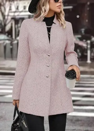 yoeasy Women's Stand Collar Single Breasted Pea Coat Casual Wool Blend Mid Long Trench Coat Winter Jackets - 2
