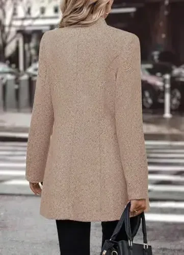 yoeasy Women's Stand Collar Single Breasted Pea Coat Casual Wool Blend Mid Long Trench Coat Winter Jackets - 3