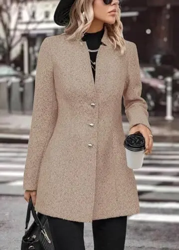 yoeasy Women's Stand Collar Single Breasted Pea Coat Casual Wool Blend Mid Long Trench Coat Winter Jackets - YOEASY (1)