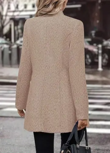 yoeasy Women's Stand Collar Single Breasted Pea Coat Casual Wool Blend Mid Long Trench Coat Winter Jackets - 3