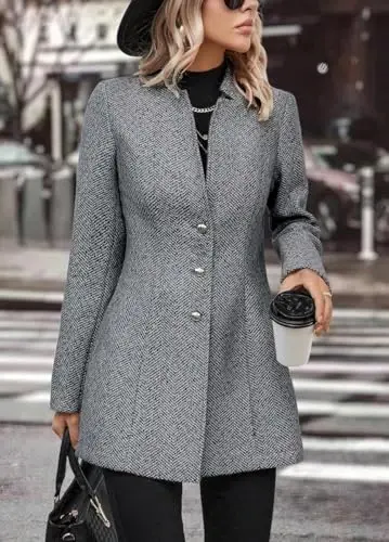 yoeasy Women's Stand Collar Single Breasted Pea Coat Casual Wool Blend Mid Long Trench Coat Winter Jackets - YOEASY (1)