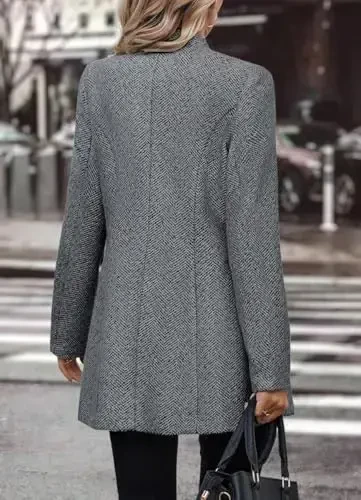 yoeasy Women's Stand Collar Single Breasted Pea Coat Casual Wool Blend Mid Long Trench Coat Winter Jackets - 4