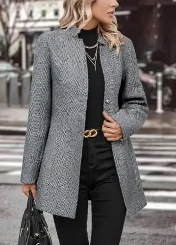yoeasy Women's Stand Collar Single Breasted Pea Coat Casual Wool Blend Mid Long Trench Coat Winter Jackets - 3