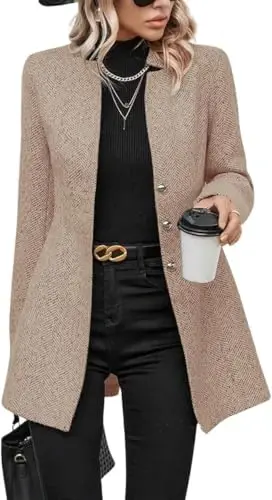 yoeasy Women's Stand Collar Single Breasted Pea Coat Casual Wool Blend Mid Long Trench Coat Winter Jackets - 1