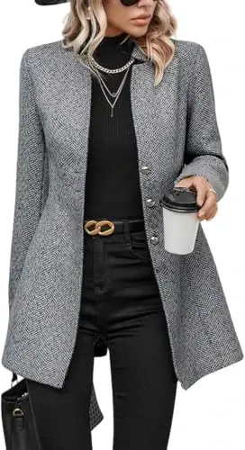 yoeasy Women's Stand Collar Single Breasted Pea Coat Casual Wool Blend Mid Long Trench Coat Winter Jackets - YOEASY