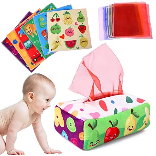 YOGINGO Baby Toys 6 to 12 Months - Tissue Box Toy Montessori for Babies 6-12 Months, Soft Stuffed High Contrast Crinkle Infant Sensory Toys, Boys&Girls Kids Early Learning Gifts - YOGINGO