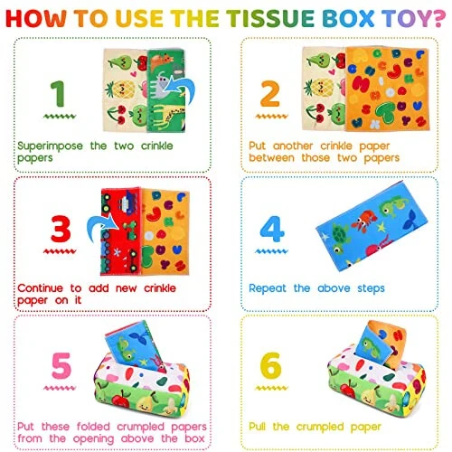 YOGINGO Baby Toys 6 to 12 Months - Tissue Box Toy Montessori for Babies 6-12 Months, Soft Stuffed High Contrast Crinkle Infant Sensory Toys, Boys&Girls Kids Early Learning Gifts - 5