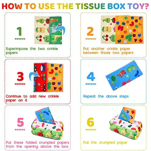 YOGINGO Baby Toys 6 to 12 Months - Tissue Box Toy Montessori for Babies 6-12 Months, Soft Stuffed High Contrast Crinkle Infant Sensory Toys, Boys&Girls Kids Early Learning Gifts - 5