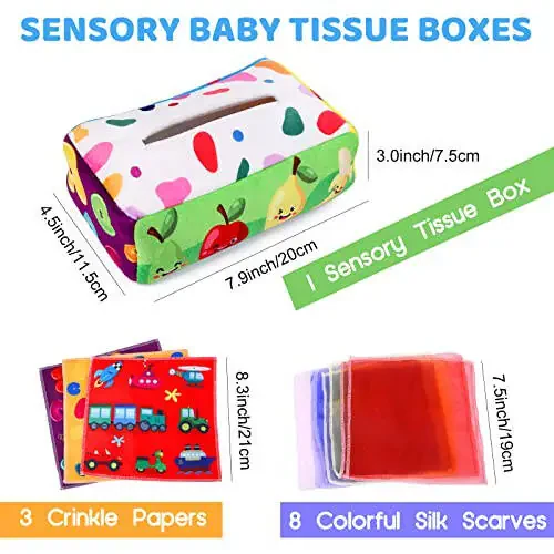 YOGINGO Baby Toys 6 to 12 Months - Tissue Box Toy Montessori for Babies 6-12 Months, Soft Stuffed High Contrast Crinkle Infant Sensory Toys, Boys&Girls Kids Early Learning Gifts - 7