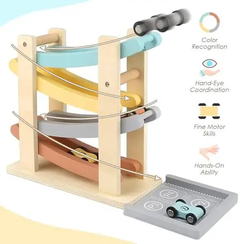 Yog'och Avtomobil Panjarasi O'yinchoq, 4 Darajali Go'dak Avtomobil Panjarasi Poyga Trassasi To'plami 4 Mini Avtomobil bilan Go'dak O'g'il va Qizlar uchun, Montessori Avtomobil Poyga Trassasi O'yinchoqlari 2-4 Yoshli Go'daklar uchun - 2