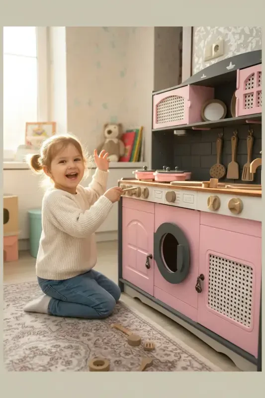 Yog'och bo'yalgan o'yinchoq oshxona va choy qaynatgich, qozon, tova to'plami ( 1 LED yoritgich sovg'a sifatida) - 3