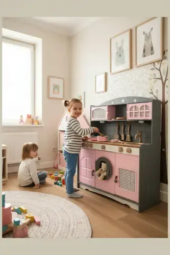 Yog'och bo'yalgan o'yinchoq oshxona va choy qaynatgich, qozon, tova to'plami ( 1 LED yoritgich sovg'a sifatida) - 4