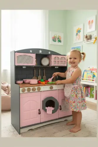 Yog'och bo'yalgan o'yinchoq oshxona va choy qaynatgich, qozon, tova to'plami ( 1 LED yoritgich sovg'a sifatida) - 6