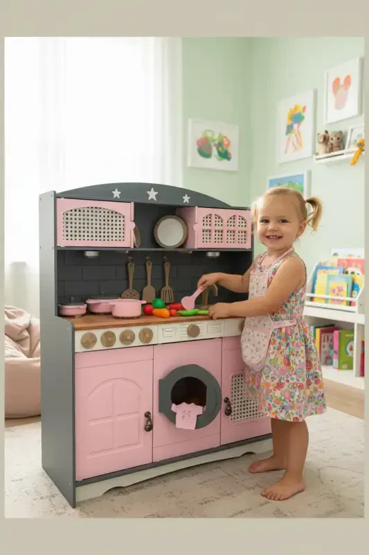 Yog'och bo'yalgan o'yinchoq oshxona va choy qaynatgich, qozon, tova to'plami ( 1 LED yoritgich sovg'a sifatida) - 6