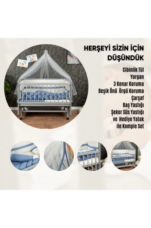 Yog'och Mdf Ona Yoni Beshik, 60x120 4 Qadamli Lake Jilolangan Tebranadigan Go'dak Beshigi G'ildirakli Beshik-GRİ - 6