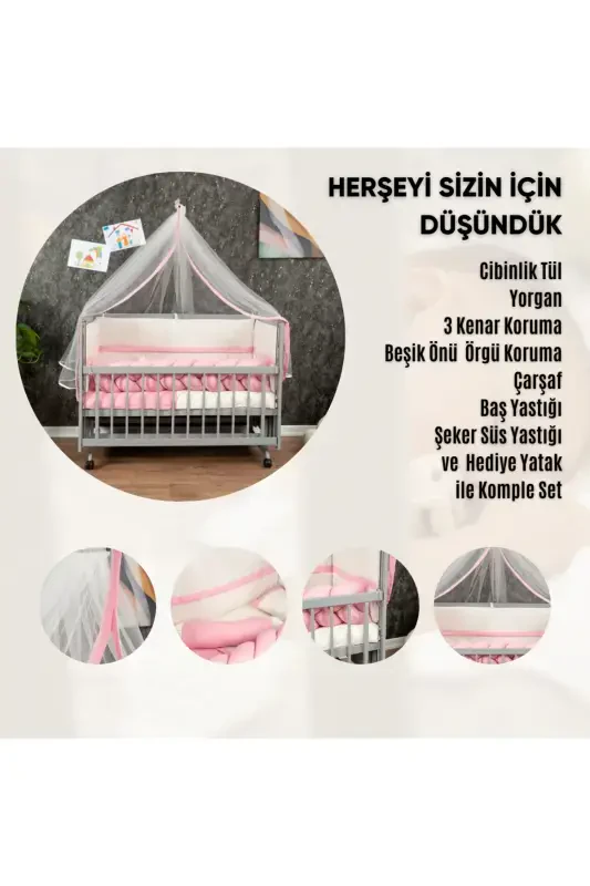 Yog'och Mdf Onam yonidagi beshik, 60x120 4 qavatli laklangan tebranadigan chaqaloq beshigi g'ildirakli beshik-kulrang - 5