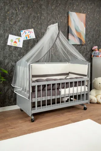 Yog'och Mdf Onam yonidagi beshik, 60x120 4 qavatli laklangan tebranadigan chaqaloq beshigi g'ildirakli beshik-kulrang - BABY (1)