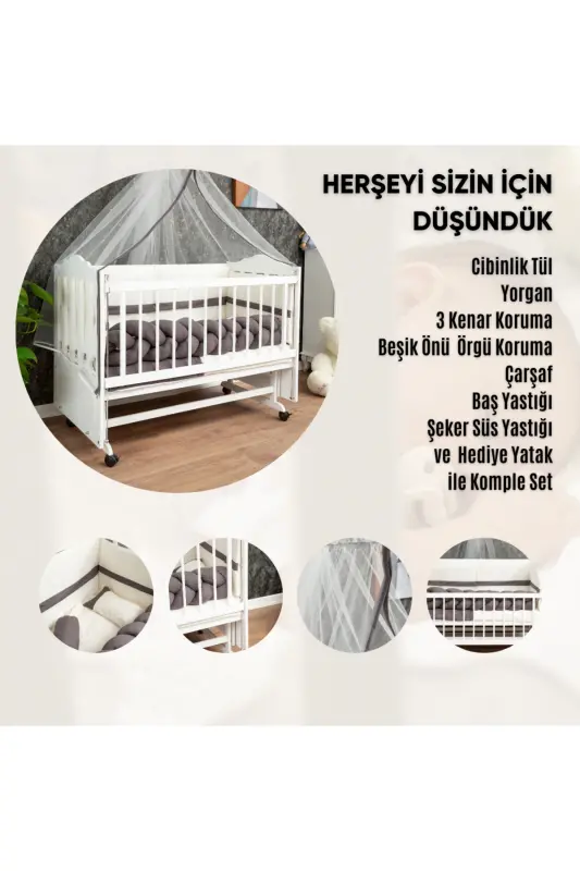 Yog'och Mdf Onam yonidagi beshik, 60x120 4 qavatli laklangan tebranadigan chaqaloq beshigi g'ildirakli beshik-kulrang - 6