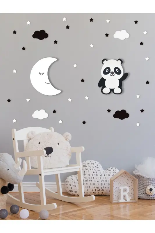 Yog'och Oy va Panda Figurali Chaqaloqlar va Bolalar Xonasi Dekorativ Ledli Yoritgich/Tungi Chiroq 2li To'plam-Oq - 2