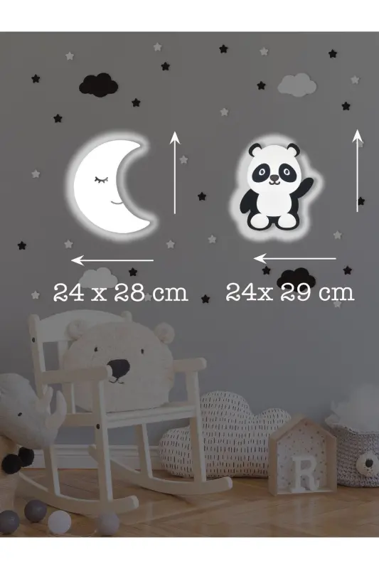 Yog'och Oy va Panda Figurali Chaqaloqlar va Bolalar Xonasi Dekorativ Ledli Yoritgich/Tungi Chiroq 2li To'plam-Oq - 3