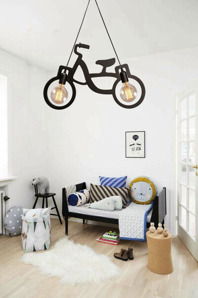 Yog'och Qora Velosiped Osilib Turgan Chandelier Yog'och Hashamatli Rustik Zamonaviy Dekorativ Chiroq Bolalar Xonasi Chandelier - UTKU TASARIM