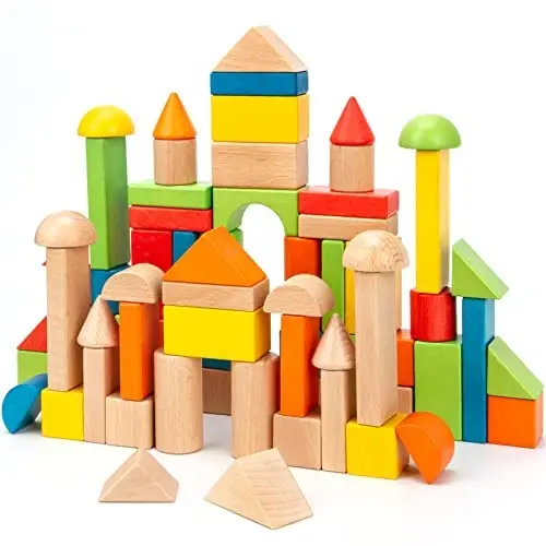 Yog'och qurilish bloklari to'plami - Staker Stacking Maktabgacha ta'lim O'quv o'yinchoqlari sumkasi bilan, 3+ yoshli o'g'il va qiz bolalar uchun o'yinchoqlar (80 dona) - 1