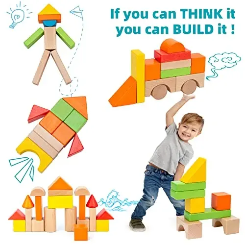 Yog'och qurilish bloklari to'plami - Staker Stacking Maktabgacha ta'lim O'quv o'yinchoqlari sumkasi bilan, 3+ yoshli o'g'il va qiz bolalar uchun o'yinchoqlar (80 dona) - Wooden (1)