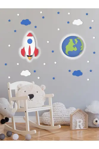 Yog'och Raketa Va Dunyo Shaklli Chaqaloqlar Va Bolalar Xonasi Dekorativ Ledli Yoritgich/Tungi Chiroq 2li To'plam-Qizil - 1