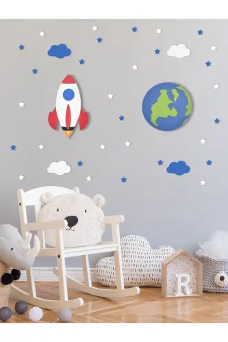 Yog'och Raketa Va Dunyo Shaklli Chaqaloqlar Va Bolalar Xonasi Dekorativ Ledli Yoritgich/Tungi Chiroq 2li To'plam-Qizil - UNIQRAFT DESIGN (1)