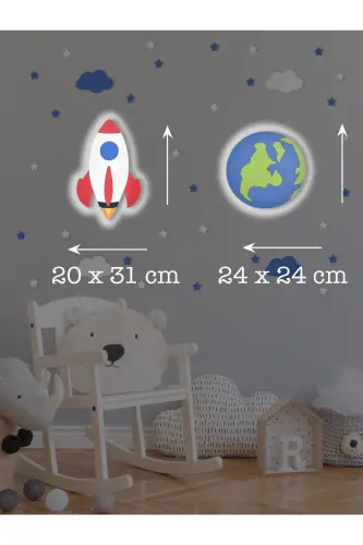 Yog'och Raketa Va Dunyo Shaklli Chaqaloqlar Va Bolalar Xonasi Dekorativ Ledli Yoritgich/Tungi Chiroq 2li To'plam-Qizil - 3