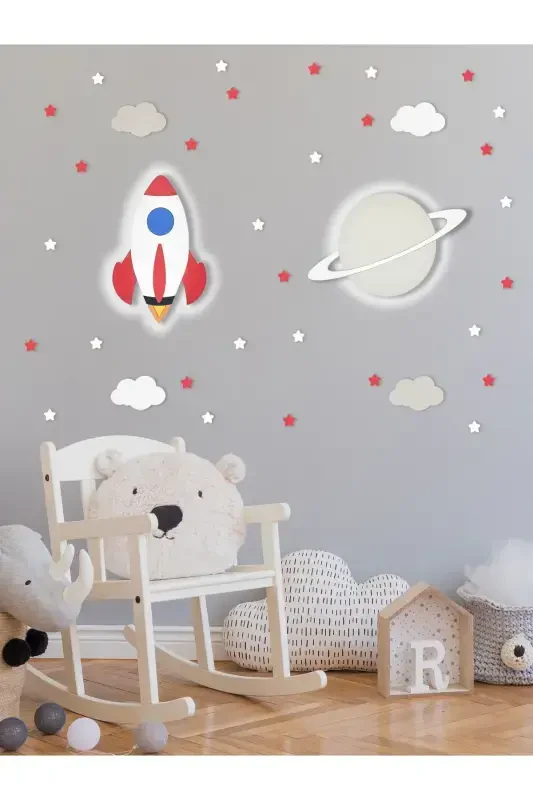 Yog'och Raketa Va Saturn Figurli Chaqaloq Va Bolalar Xonasi Dekorativ Ledli Yoritgich/tun Lampa 2li To'plam-Qizil - 1