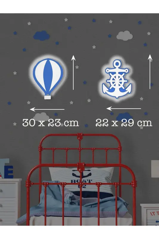 Yog'och Shar va Langar shaklidagi chaqaloqlar va bolalar xonasi uchun dekorativ LED yoritgich/tungi chiroq 2li to'plam-ko'k - 3