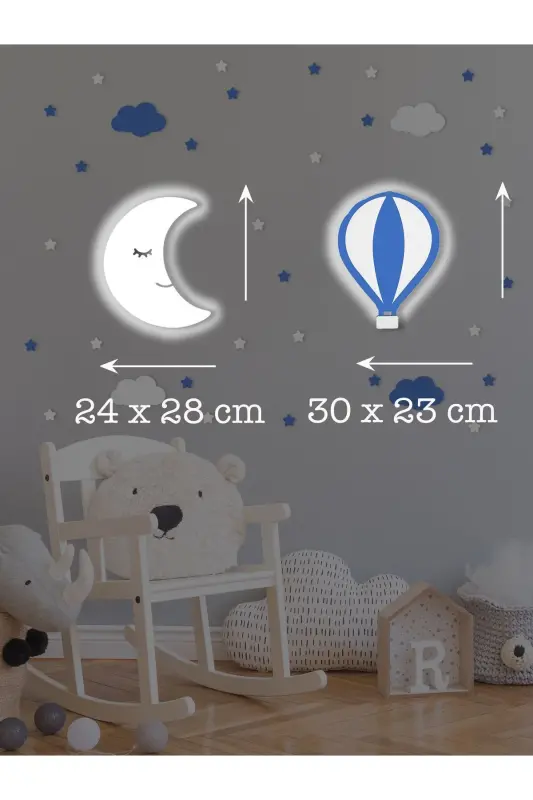 Yog'och shardan va oy shaklidagi chaqaloqlar va bolalar xonasi uchun dekorativ ledli yoritgich/tungi chiroq 2li to'plam-Moviy - 3