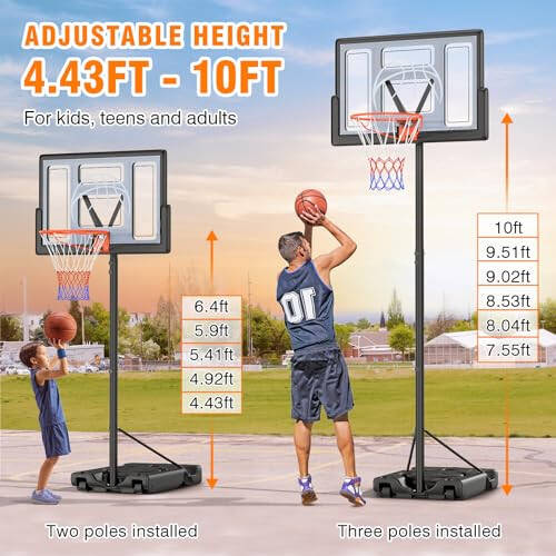 Yohood Basketball Hoop Outdoor 10ft Adjustable, Portable Basketball Hoop Goal System for Kids Youth and Adults in Backyard/Driveway/Indoor, 44 Inch Shatterproof Backboard and Larger Base - 5