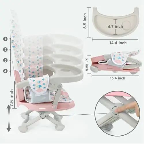 YOLEO Baby High Chair Booster Seat for Dining Table, Adjustable Height Travel Foldable High Chairs with Tray - 4