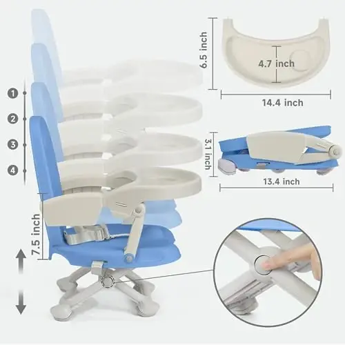 YOLEO Baby High Chair Booster Seat for Dining Table, Foldable High Chairs with Adjustable Heights, Travel Booster Seat with Removable Tray - 4