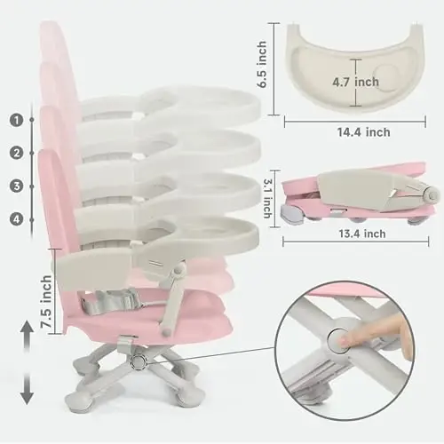 YOLEO Baby High Chair Booster Seat for Dining Table, Adjustable Height Travel Foldable High Chairs with Tray - 4