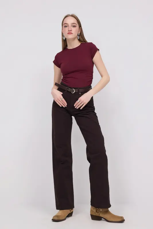 Yonlari Büzgülü T-shirt B3939-j5-Bordo - 6